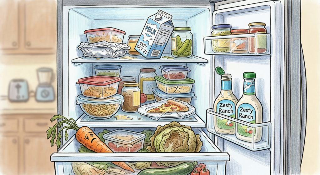 多くの食材が冷蔵庫煮詰まっている様子のイラスト