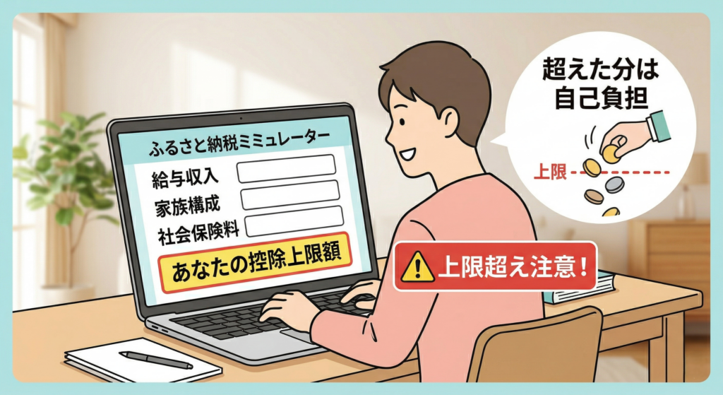 ふるさと納税シミュレーションを行っている男性。上限に注意するような警告文も示している。
