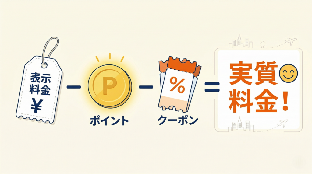 表示料金からポイントとクーポンを引いた金額が実質の料金と示している画像