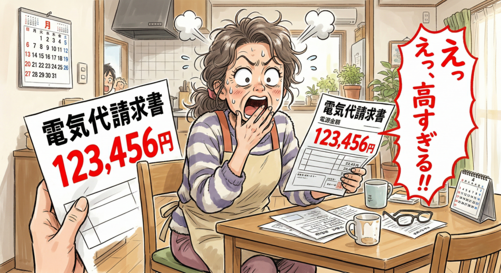 電気代の請求書を見て「えっ、高すぎる！」と驚いているお母さんのコミカルなイラスト
