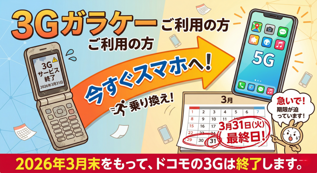 古いガラケー（3G）から最新のスマートフォンへ矢印が向かっているイラスト、またはカレンダーの「3月」に丸がついていて「急いで！」という雰囲気を出しているイラスト