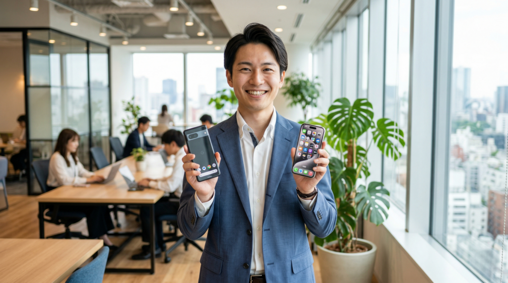 サブ携帯として2台のスマホを賢く使い分ける笑顔のビジネスパーソン