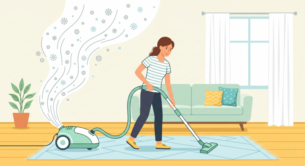 掃除機の排気によって床のホコリが舞い上がっている様子を描いたイラスト